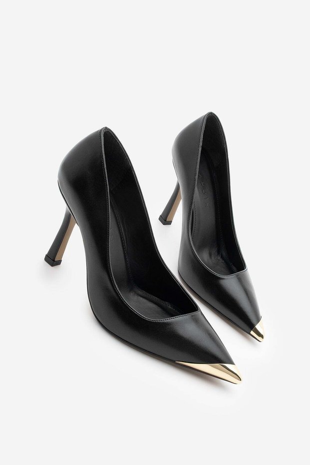 Women's Stiletto Pointed Toe Gold Detailed Classic Heeled Shoes Ginez Black