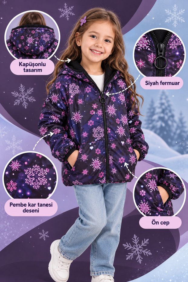Girl's Black and Purple Snowflake Patterned Fleece Raincoat