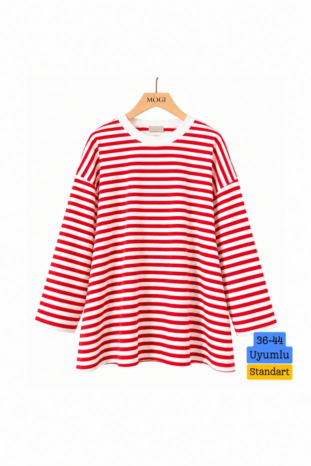 Women's 2 Thread Single Jersey Combed Cotton Fabric Ribbed Crew Neck Striped Tunic 3262 Red