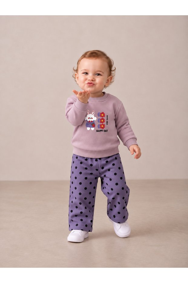 Simit Yaka Rabbit Printed Sweatshirt/Polka Dot Printed Wide Leg Sweatpants 3 Threaded Drawstring Set