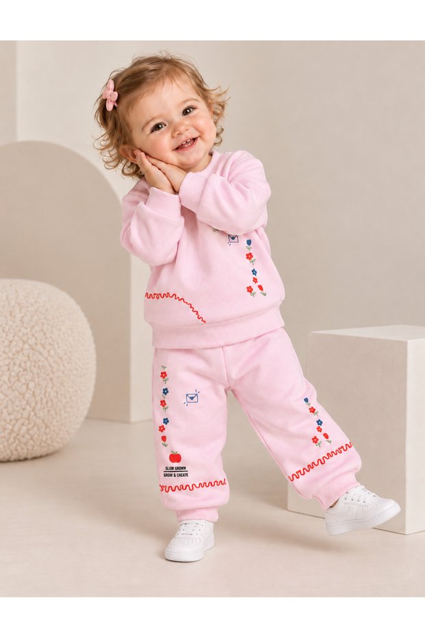 Simit Yaka Apple Printed Sweatshirt/Apple Printed Wide Leg Sweatpants 3-Piece Set