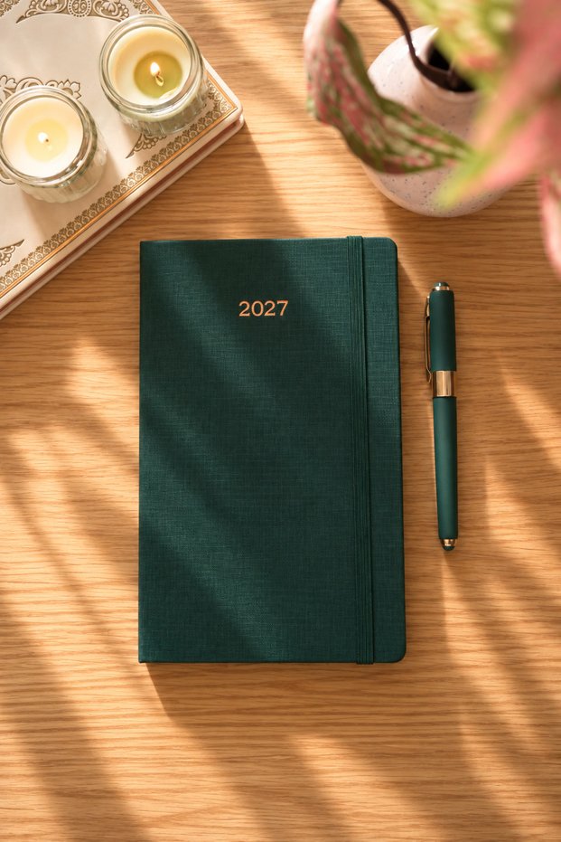 Classic 2027 Weekly Planner – Linen Textured Hard Cover, 13X21 Cm, Elastic, Pocket – Green