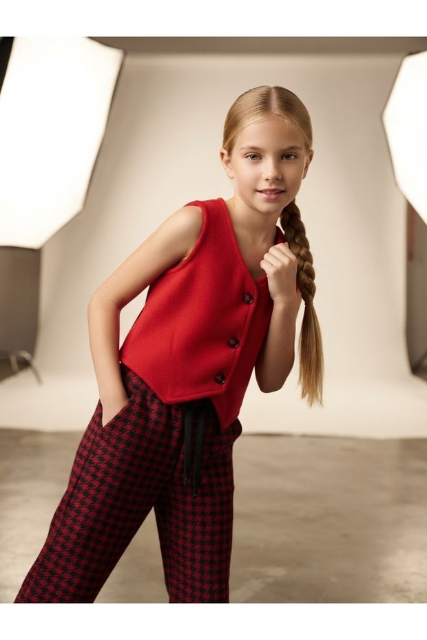 Girl's Stamp Vest Black Badi Houndstooth Model Trousers Triple Set