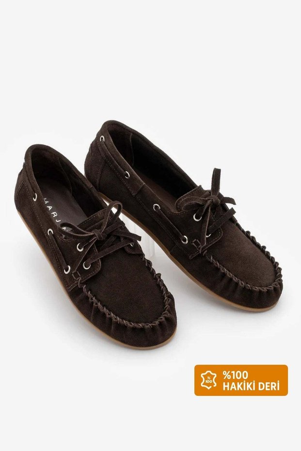 Women's Oval Toe Genuine Leather Lace-Up Moccasin Drawstring Loafer Casual Shoes Rudez Brown Suede