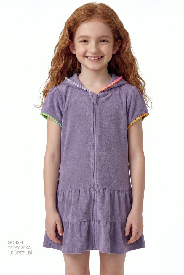 Girl's Lilac Sweet Pastel Lilac Pompom Short Sleeve Towel Kaftan