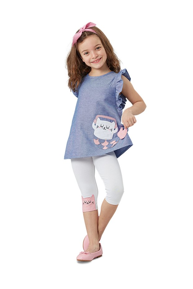 Ruffled Cat Girl's Blue and White Summer T-Shirt Tunic Leggings Set