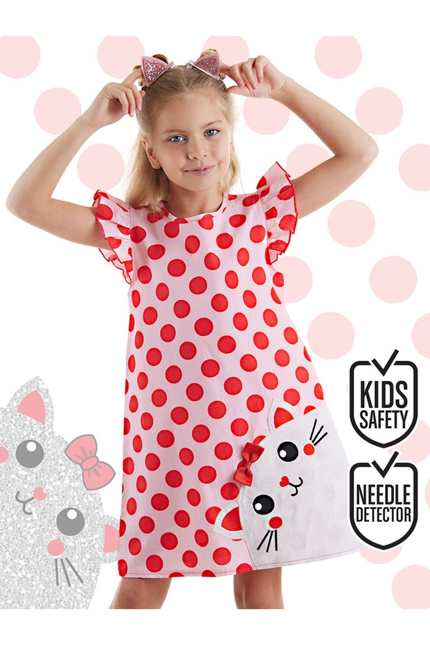Tombiş Cat Girl's Poplin Pink Ruffle Summer Dress