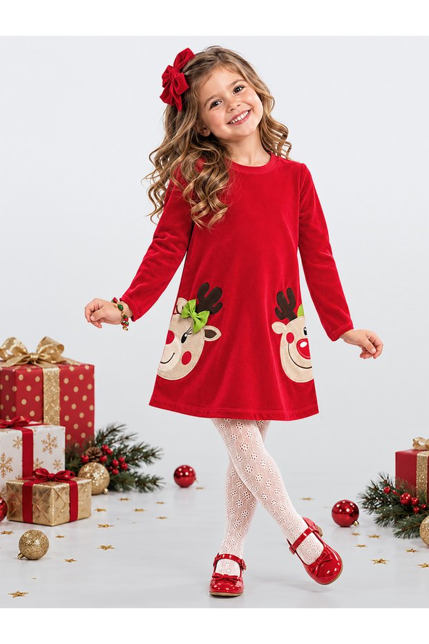 Twin Deer Girls Velvet Red Christmas Dress