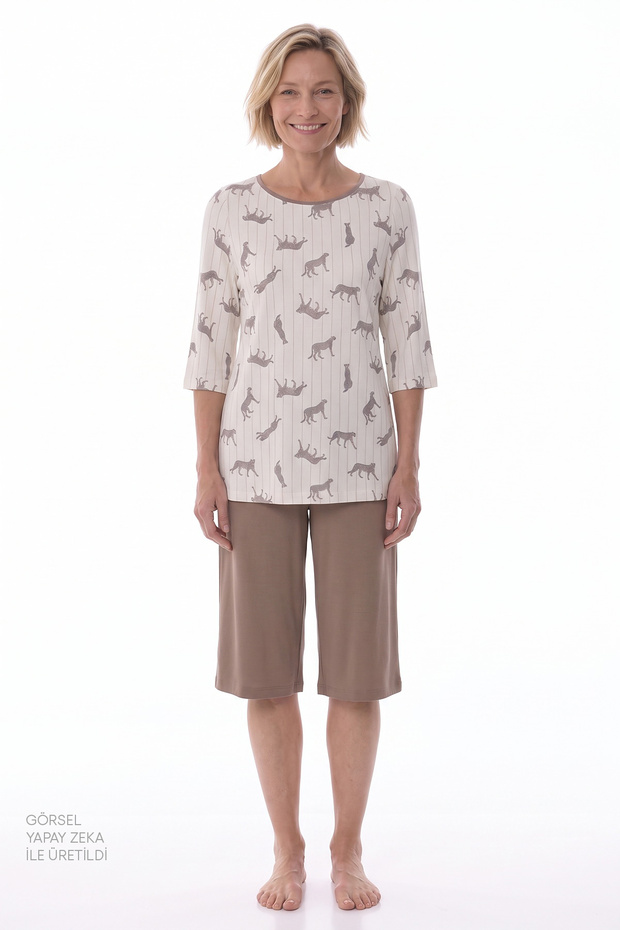 Beige Collagen Leopard Patterned 3/4 Sleeve Shorts Pajama Set