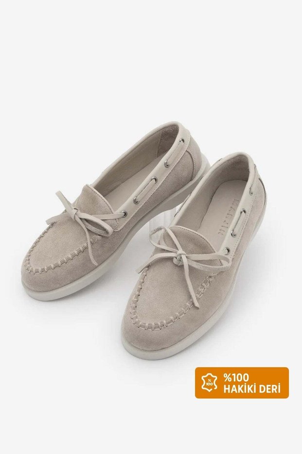 Women's Genuine Leather Bowknot Rope Detail Moccasin Loafer Casual Shoes Nifida Beige Suede