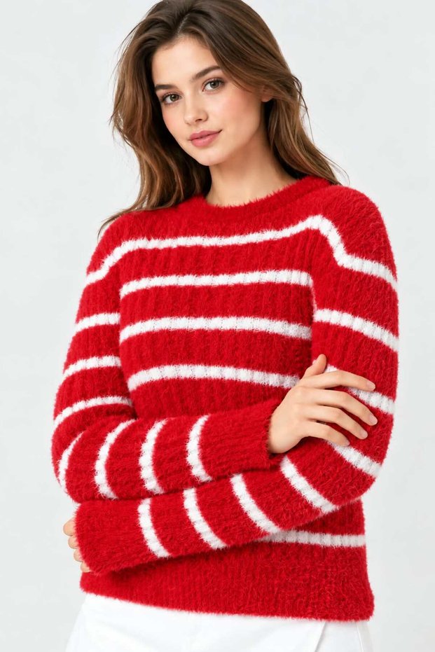 New Product Women's Striped Soft Textured Crew Neck Long Sleeve Knitwear Sweater