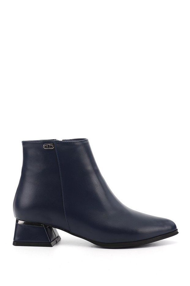 Women's Navy Blue Zippered Thick Heeled Boots