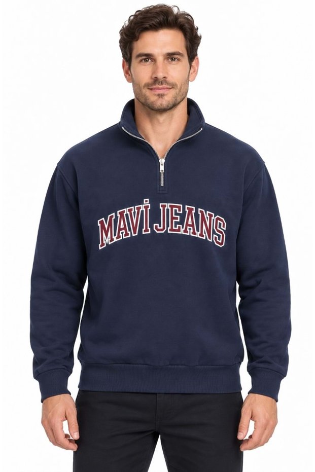 M0S20113 Jeans Logo Embroidered Half Zipper Men's Sweatshirt Dark Blue