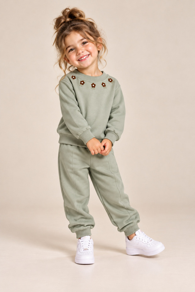 Simit Collar Floral Embroidered Sweatshirt/Ribbed Tracksuit 3 Thread Ribbed Set