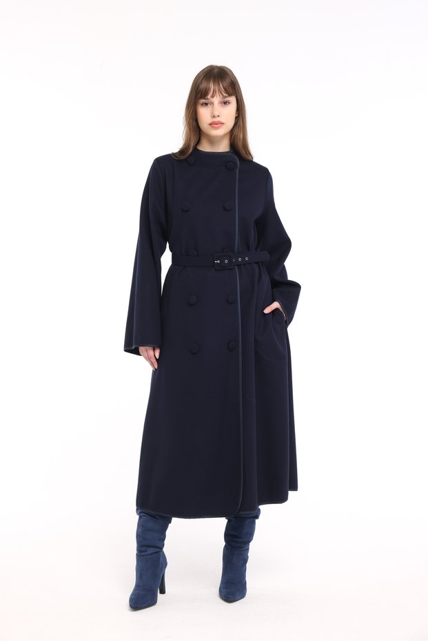 Belted Embroidered Coat with Trimmed Details