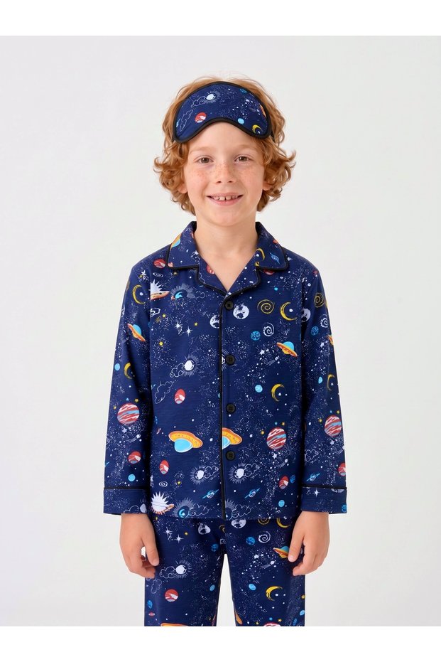 Boys' 95% Cotton Space Pattern Long Sleeve Eye Patch Pajama Set