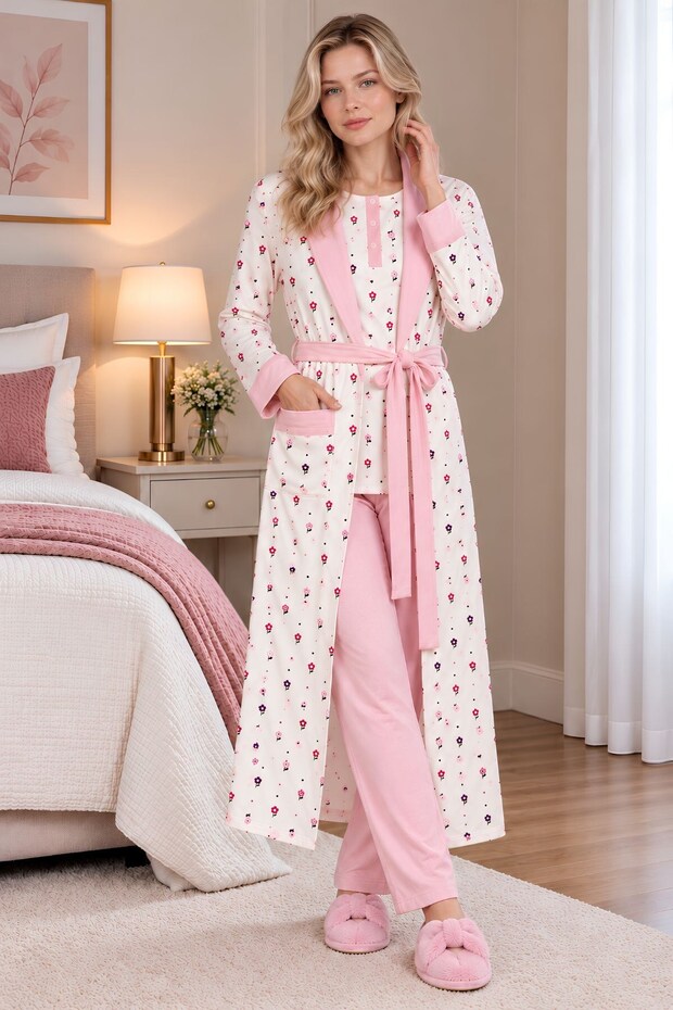 Mecit 6358 Pink Women's Long Robe Pajama Set