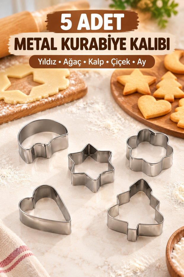 5 Pcs Metal Cookie Mold Set Star Tree Heart Flower Moon Shaped Dough Cutter