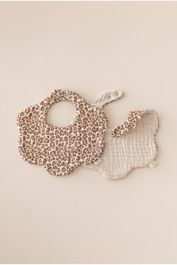 2-Piece Floral Leopard-Beige 100% Cotton 8-Layer Muslin Baby Drool Bib Set/Nickel Free Snap Fastener