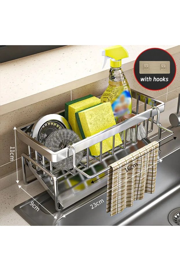 XL Stainless with hooks Stainless Steel Multi-Functional Sink Organizer | Integrated Sponge, Soap &