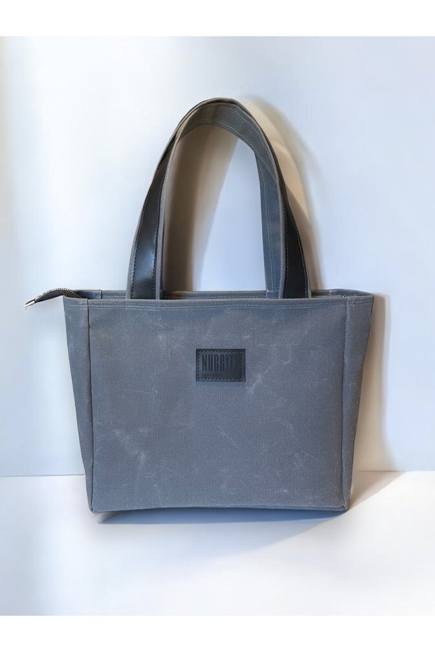Zippered Medium Size Waxed Canvas Anthracite Shoulder Bag (Black Leather Detail)