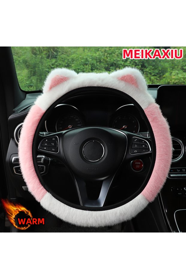 Pink white Winter Artificial Mink Fur Plush Cat Ears Car Without Inner Ring Steering Wheel Cover Ans