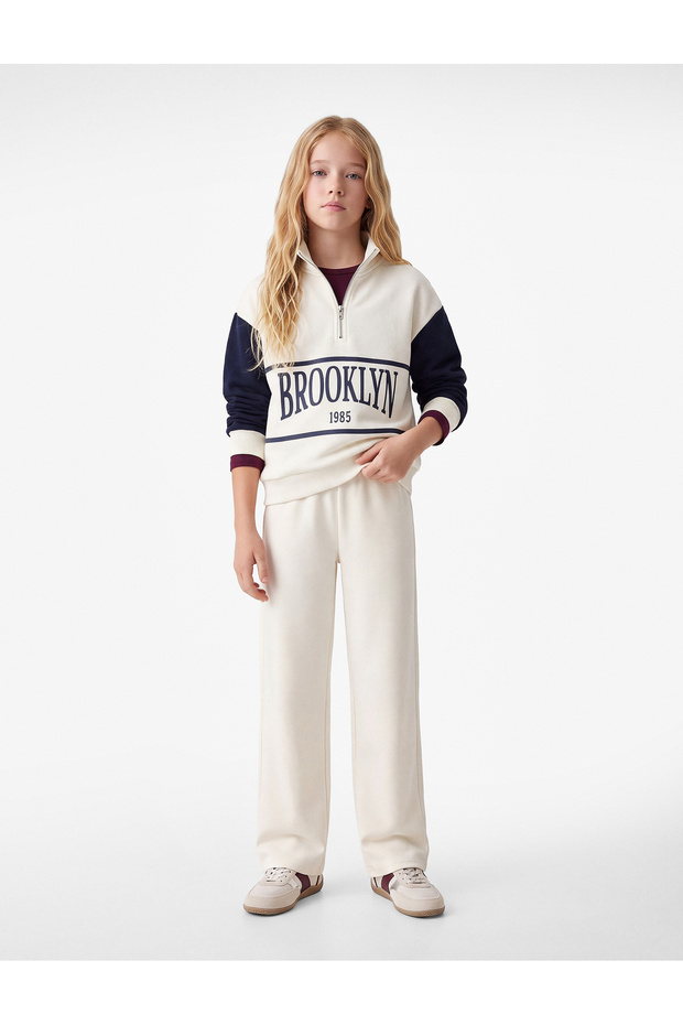 Raised Color Block Half-Zip Printed Long Sleeve Oversize Sweatshirt
