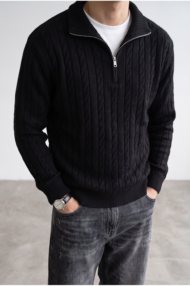 Men's Black Hair Braided Patterned Half Zipper High Collar Knitwear Sweater