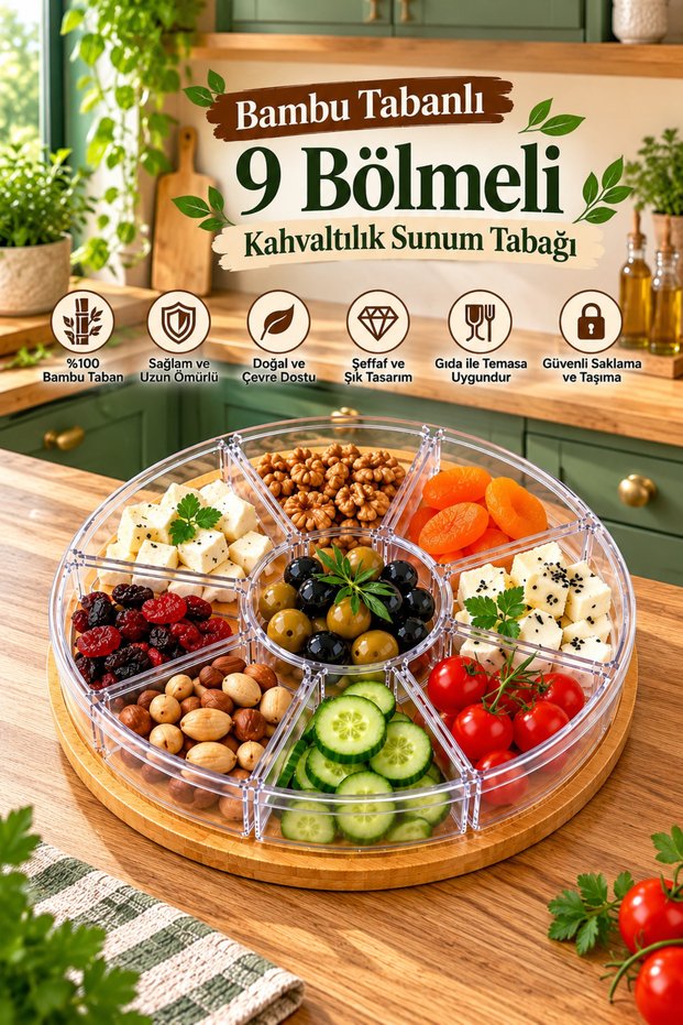 100% Bamboo Based 9-Compartment Transparent Breakfast & Snack Presentation Tray – Multi-Purpose Serving Organizer with Lid