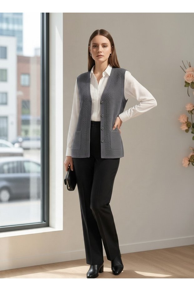 Kisa Muska Patterned Vest with Pockets and Buttons, Large Size Vest