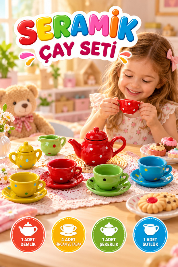 12-piece colorful porcelain tea set - 7cm realistic detail - imaginative toy tea set