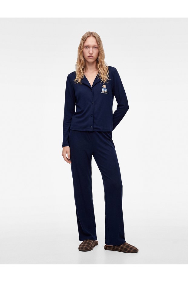 Relaxed Fit Buttoned Long-Sleeve Shirt-Collar Dog-Embroidered Pajama Set
