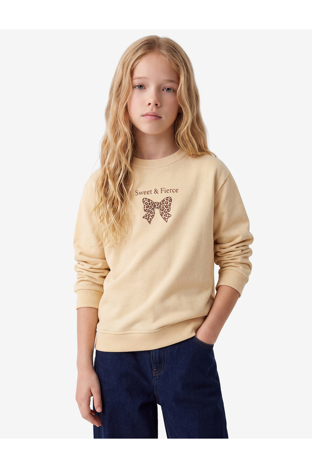 Long Sleeve Bowknot Printed Three-Thread Ribbed Crew Neck Sweatshirt
