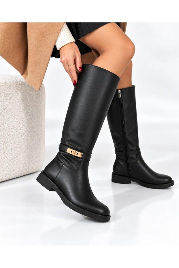 Helen Women's Rider Long Buckle Stylish Boots P2004-Black