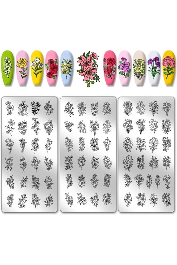 AECH011-02653 3pcs Flower Nail Stamp Plate Small Bouquet Nail Art Templates Stainless Steel Nail Ima