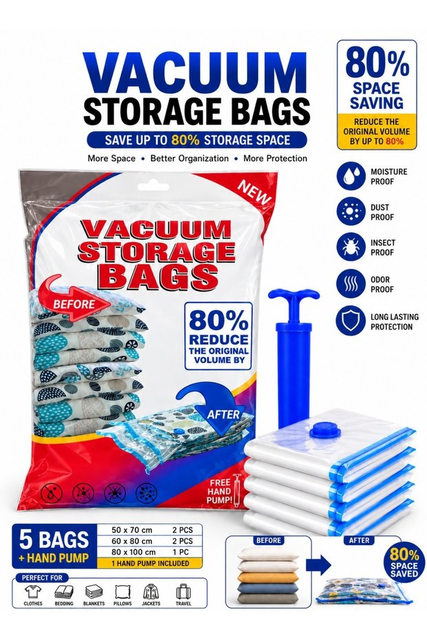 Vacuum Storage Bags with Hand Pump – Reusable Space Saving Compression Bag Set