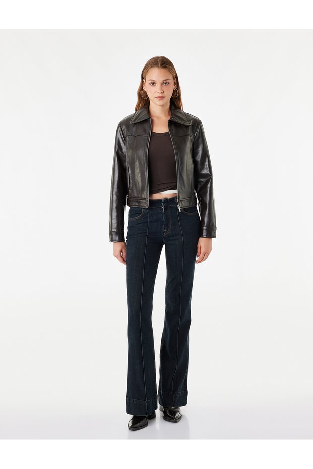 Fancy Buttoned Regular Waist Slim Fit Ribbed Spanish Leg Denim Trousers - Flare Jeans