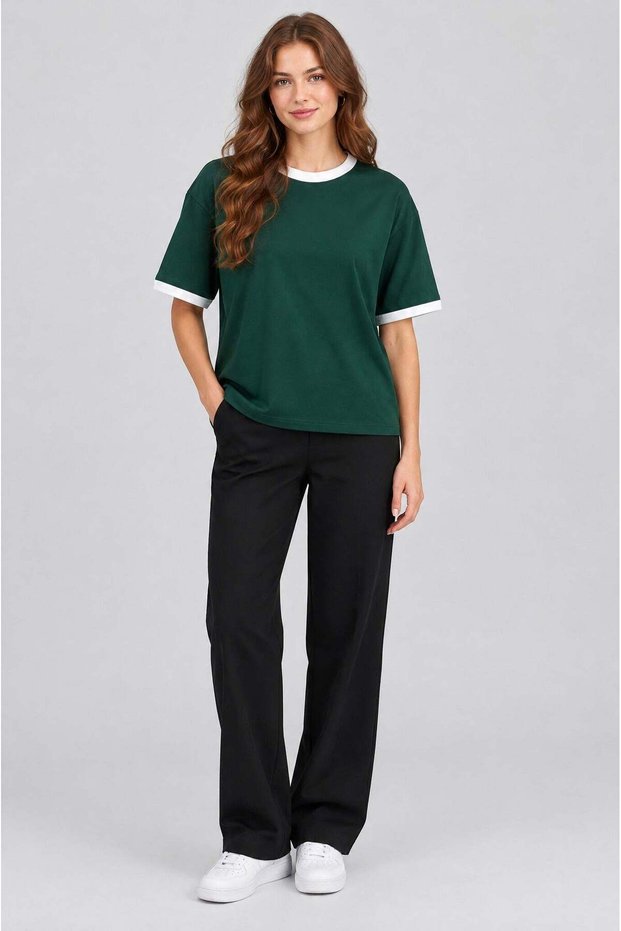 Women's Nefti Green White Piping Garnished Medium Thick Soft Fabric Crew Neck Half Oversize Loose Fit