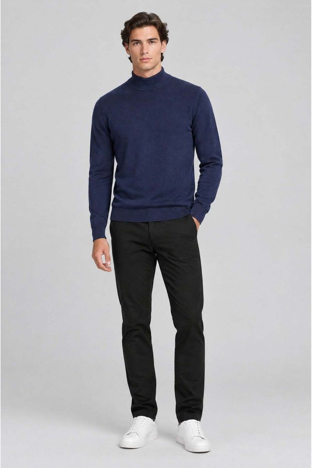 Men's Indigo Blue Half Turtleneck Standard Regular Fit Regular Acrylic Blend Knitwear Sweater