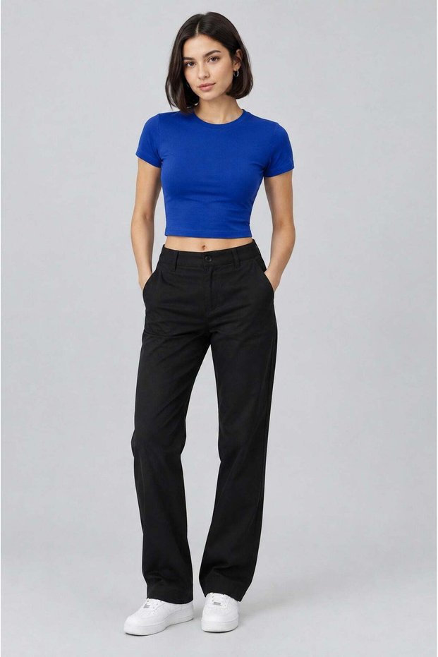 Women's cobalt blue color bicycle collar lycra short sleeve body crop blouse