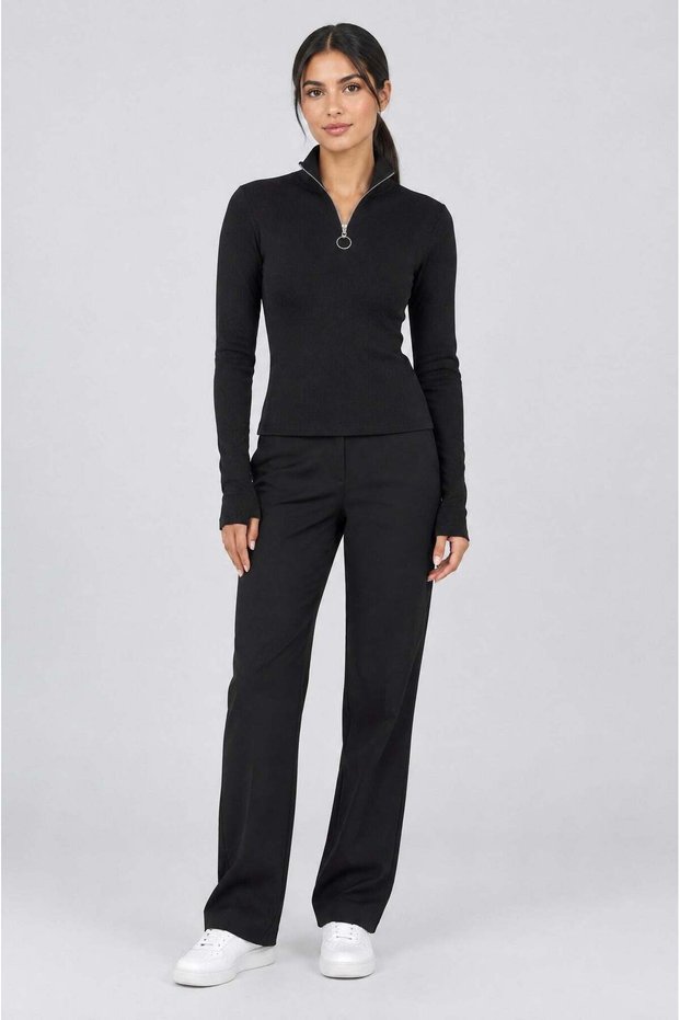 Women's black v-neck zippered half fisherman finger detailed crop blouse