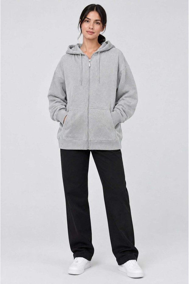 Women's Gray Melange Hooded Zipper 3 Three Thread Fleece Kangaroo Oversize Sweatshirt Zip up Hoodie