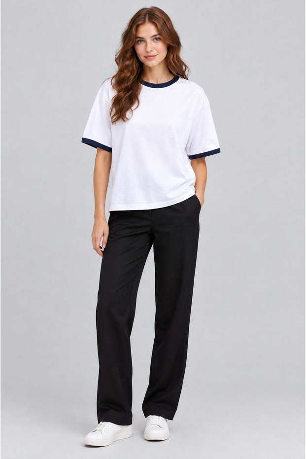 Women's white navy blue trimmed medium thick fabric bicycle collar half oversize loose t-shirt