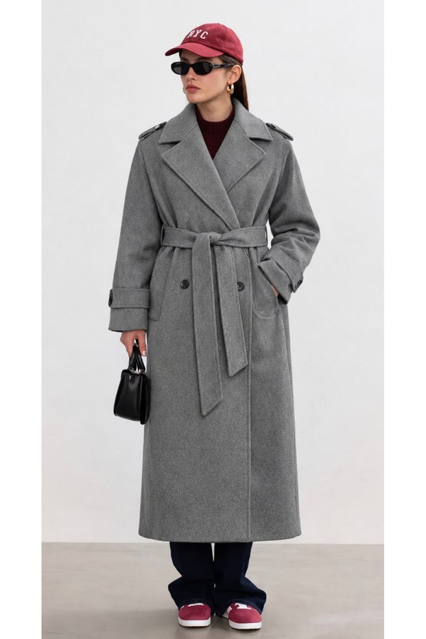 Premium Women's Melange Gray Cashmere Coat Long Winter Belted Stylish Overcoat