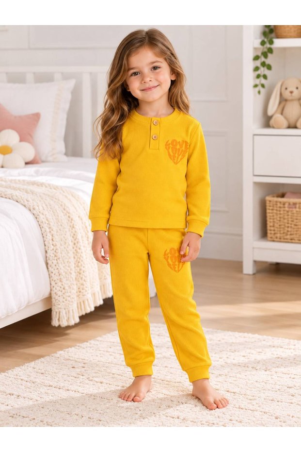 Girl's 100% Cotton Yellow Mustard Twill Collar Buttoned Long Sleeve Winter Basic Pajama Set