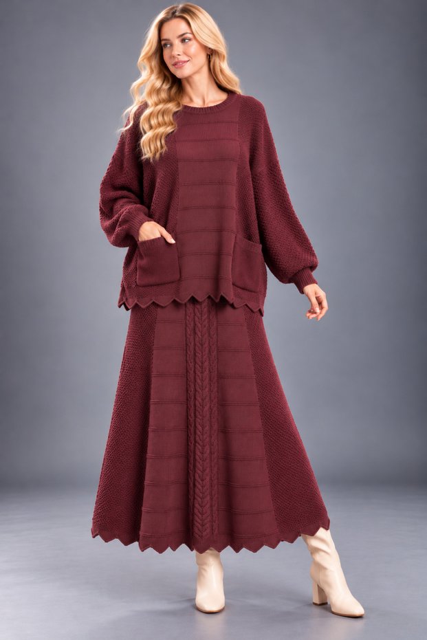 Cotton Knitted Sweater Skirt Double Set with Pockets Knitwear Women's Set