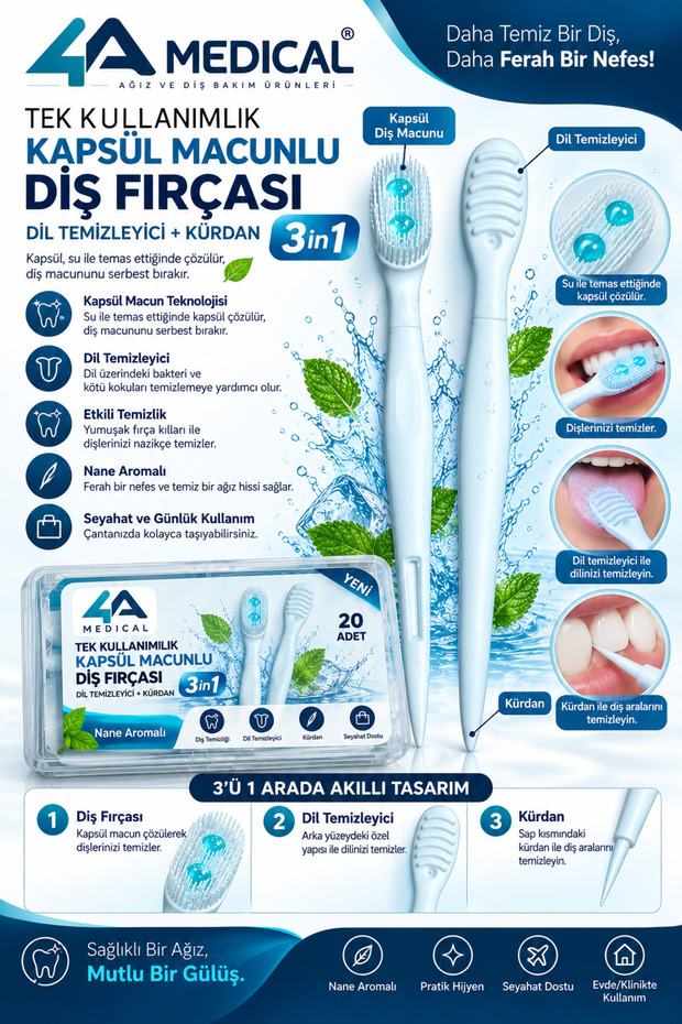 Disposable Waterless Self-Paste Toothbrush - Tongue Cleaner - with Toothpick - 3in1 20Pcs