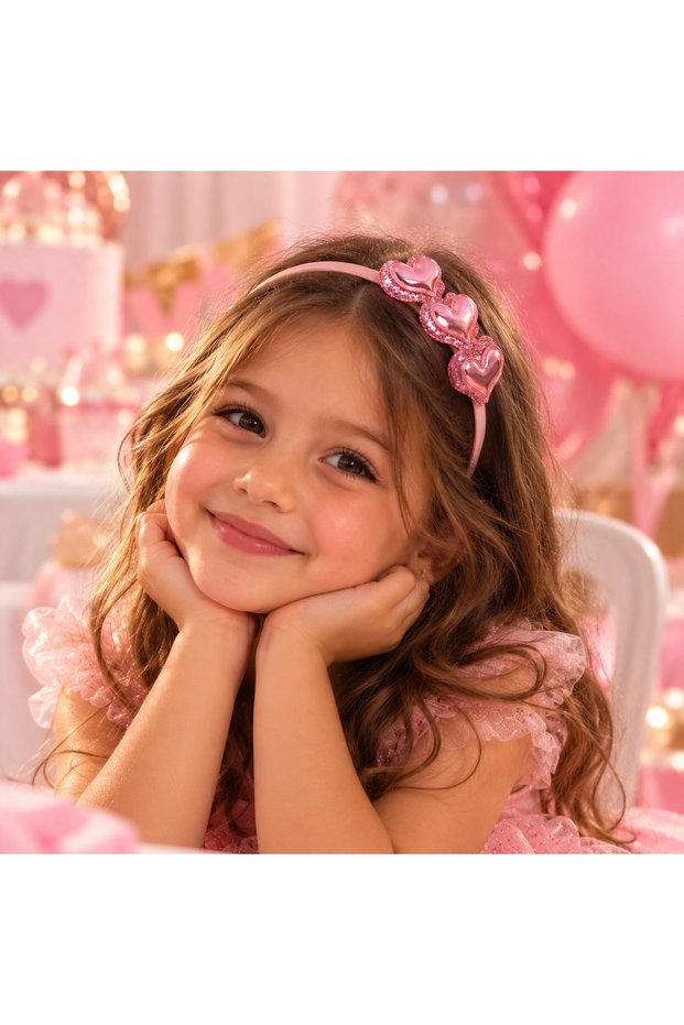 Pink Glittery 3-Heart Girl's Crown – Hair Crown with Heart Detail That Looks Like Shiny Stones, for Birthdays and Parties