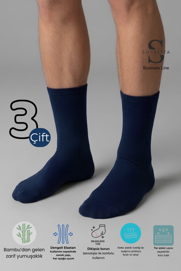 3-Piece Navy Blue Men's Business Bamboo Seamless Flexible Double Layer Winter Socks - Premium
