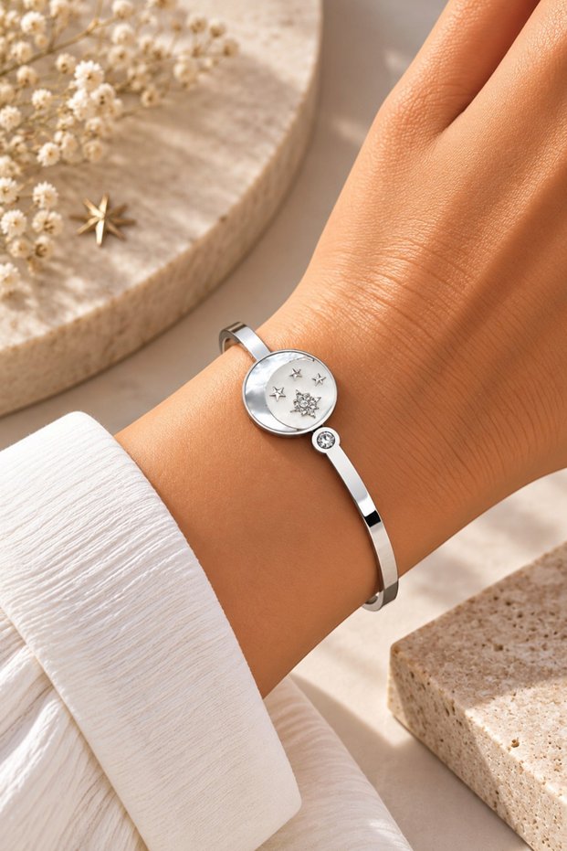 Silver Steel Women's Handcuff Bracelet with Moon and Star Detail